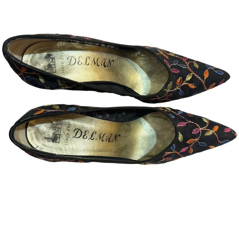 Delman heels black pointy toe mesh embroidered multicolor vines pumps size 6